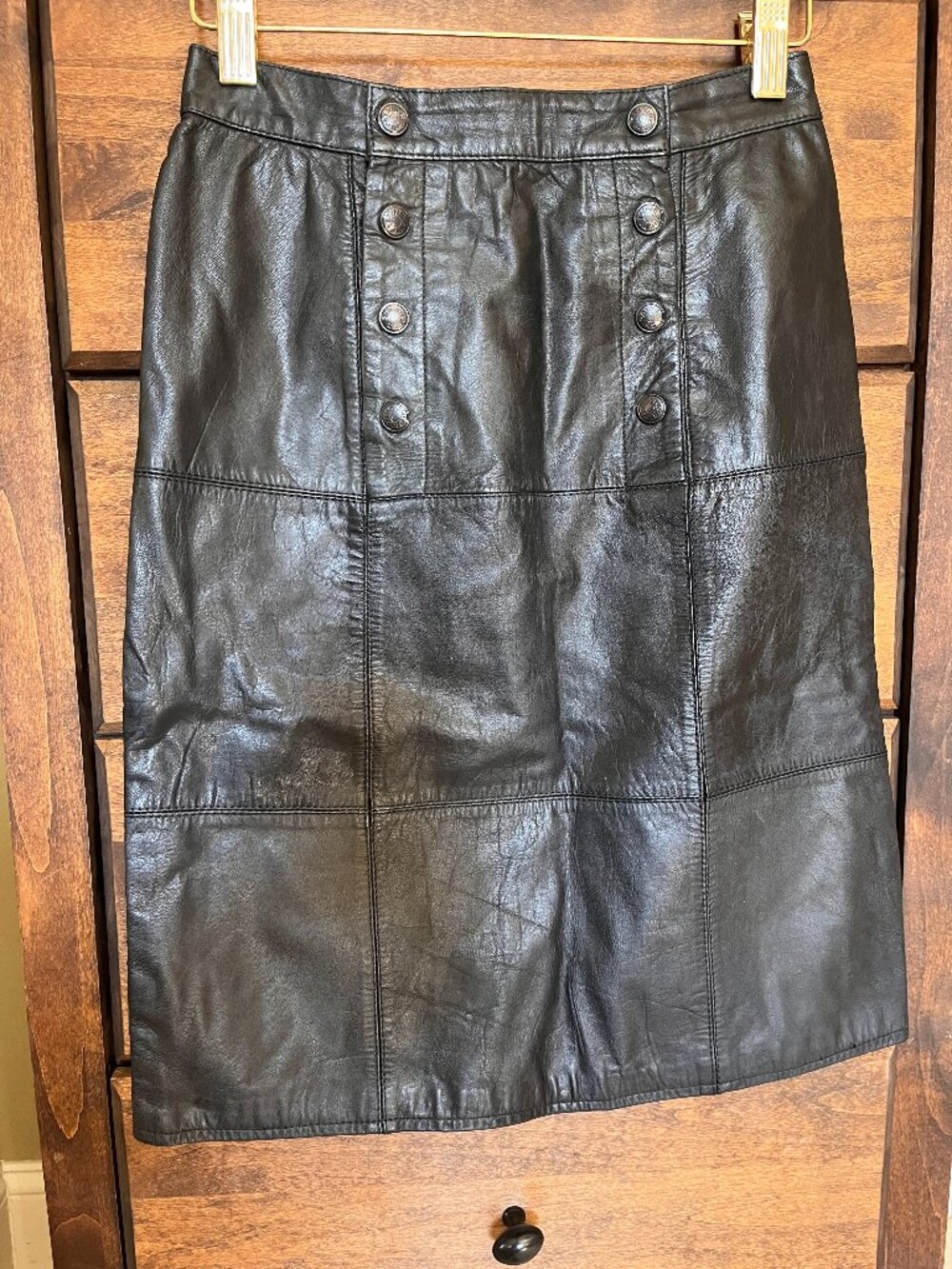 Vintage black leather skirt with front sailor buttons